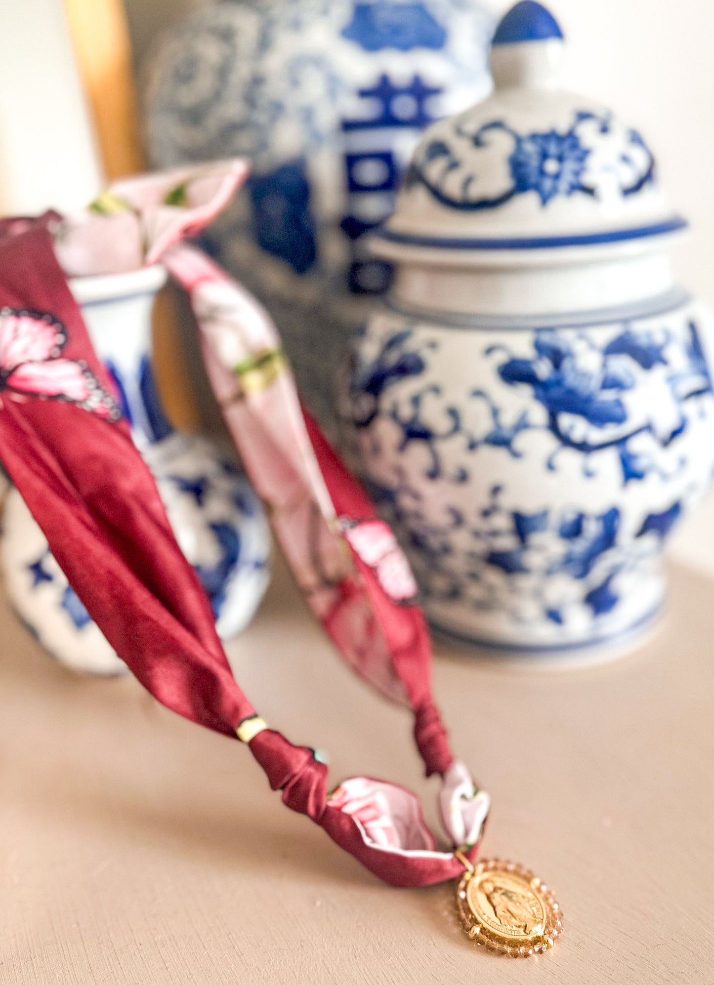 Tan Beaded Mary Scarf Necklace