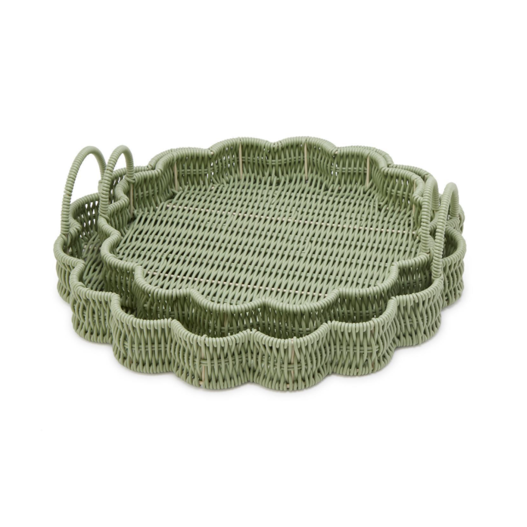 Wicker Scallop Edge Green Serving Tray with Handles