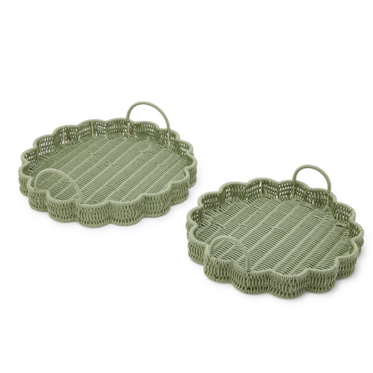 Wicker Scallop Edge Green Serving Tray with Handles