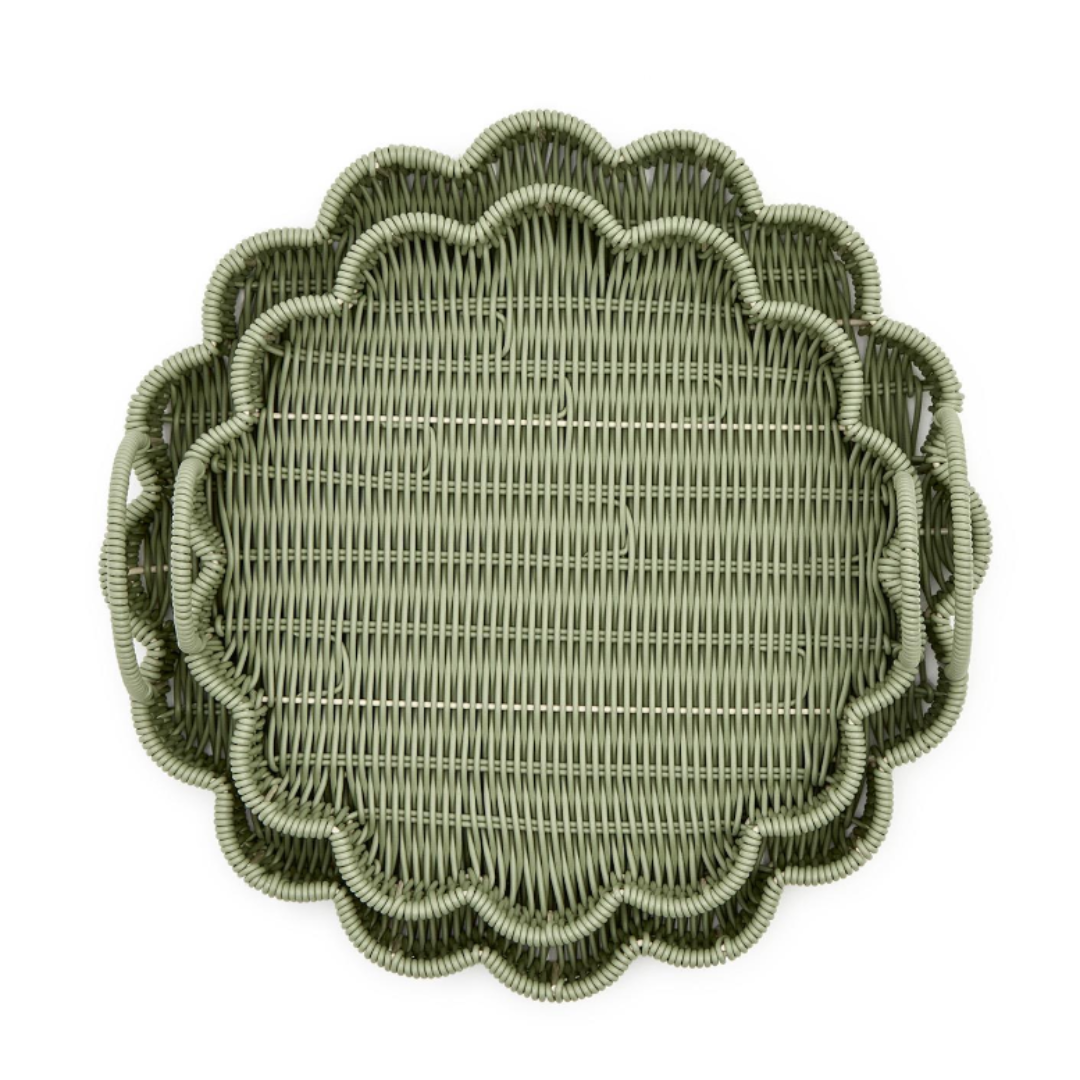 Wicker Scallop Edge Green Serving Tray with Handles