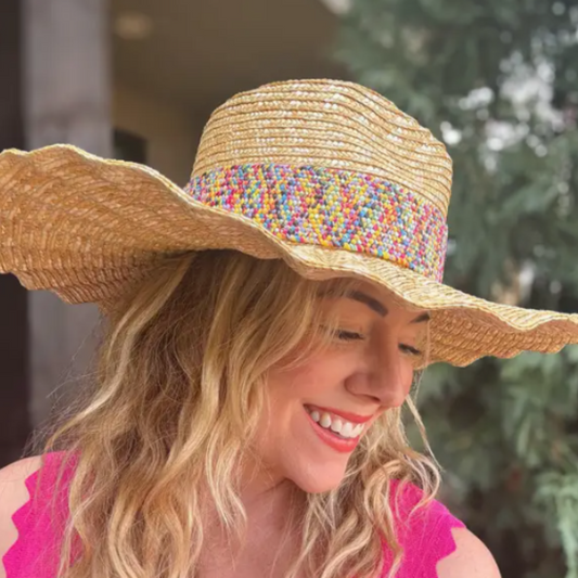 Wide-Brimmed Raffia Hat - Colorful Band