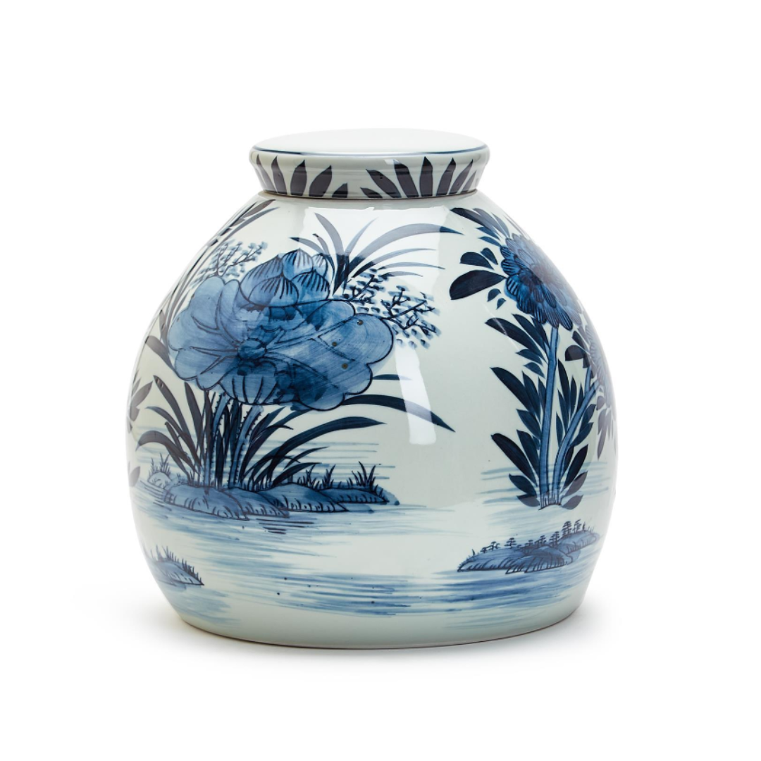 Water Lilly 11" Blue and White Squat Covered Ginger Jar
