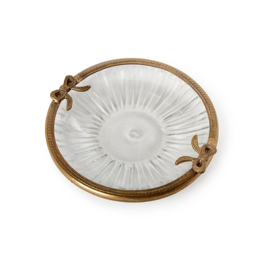 Antique Gold Finish Round Glass Trinket Tray / Dish with Bow Accent