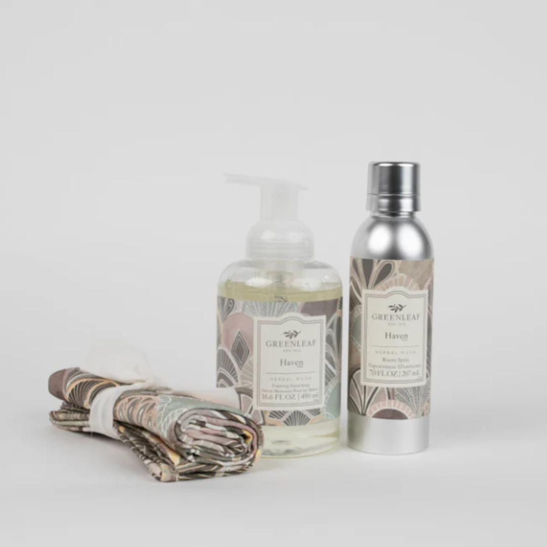 Haven Foaming Hand Soap, Non-Aerosol Room Spray, and Tea Towel Gift Set