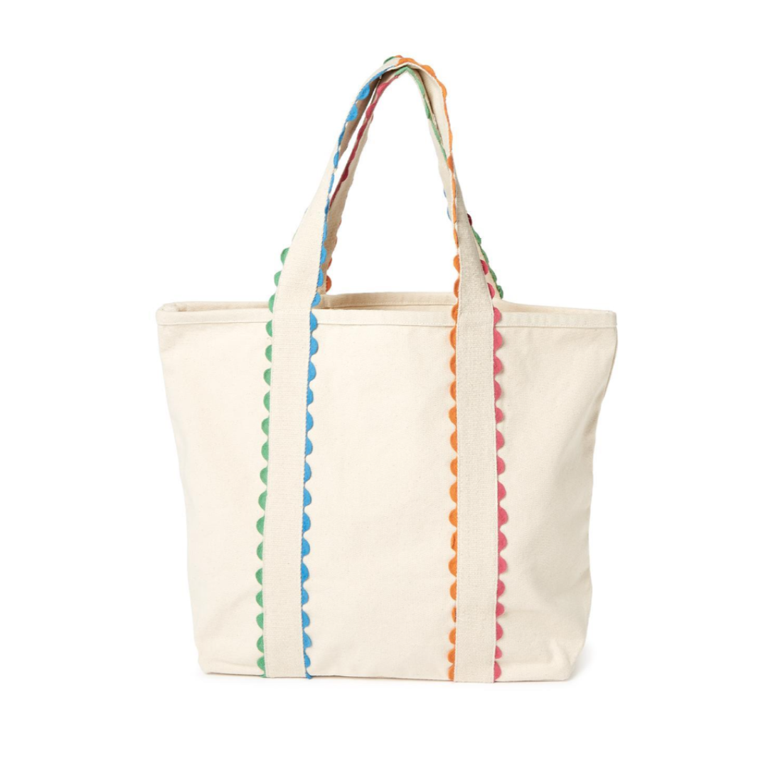 Bright Side Colorful Ric Rac Trim Tote in Natural with Rainbow Trim - Cotton