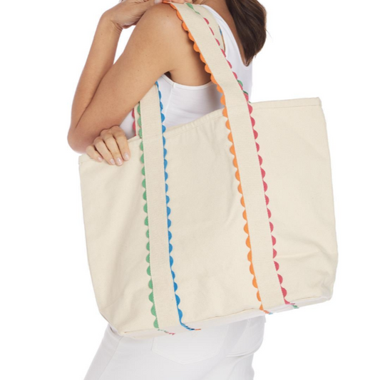 Bright Side Colorful Ric Rac Trim Tote in Natural with Rainbow Trim - Cotton