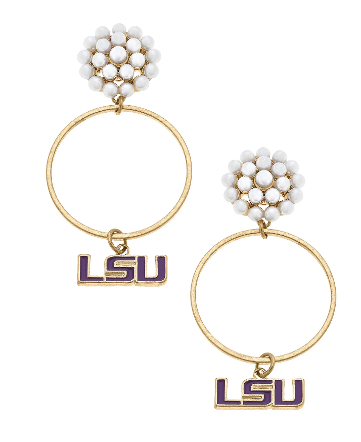 LSU Tigers Pearl Cluster Enamel Hoop Earrings in Purple