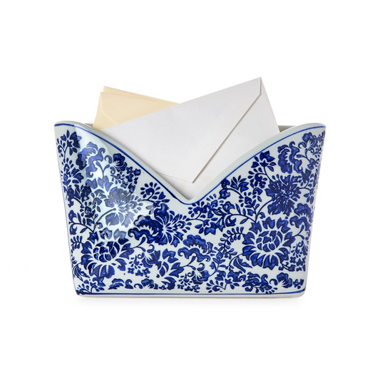 Chinoiserie Hand-Painted Blue and White Floral Letter Holder - Porcelain
