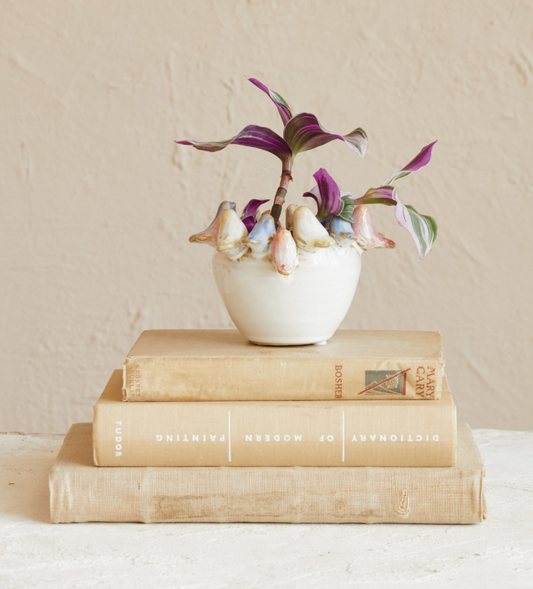 Stoneware Planter w/ 3D Birds on Rim