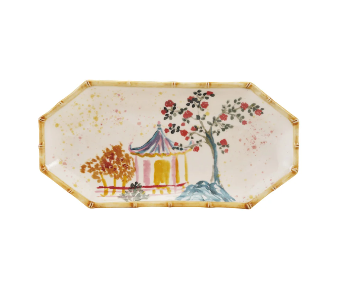 Hand-Painted Stoneware Octagon Shaped Plate with House, Tree & Bamboo Style Edge