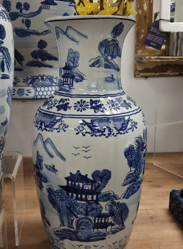 Blue & White Chinoiserie Ceramic Table Vase 18"
