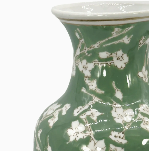 Green Sakura Chinoiserie Ceramic Vase 14"