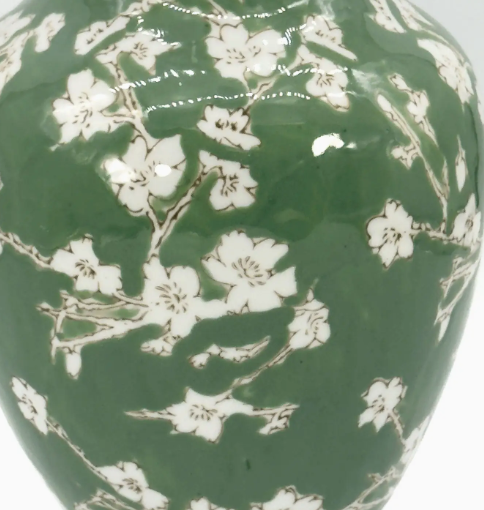 Green Sakura Chinoiserie Ceramic Vase 14"