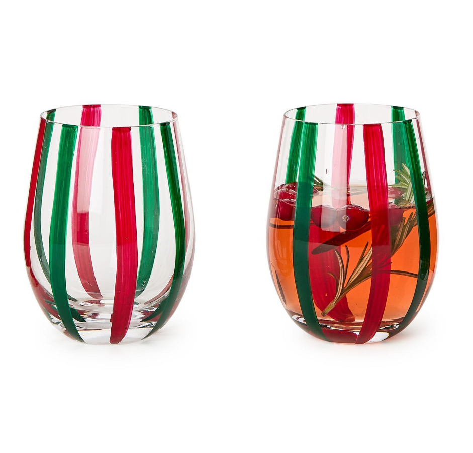 Red & Green Stripe Stemless Wine Glass