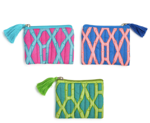 Preppy Bamboo Cotton Printed Quilted Coin Pouch with Zip Closure and Tassel