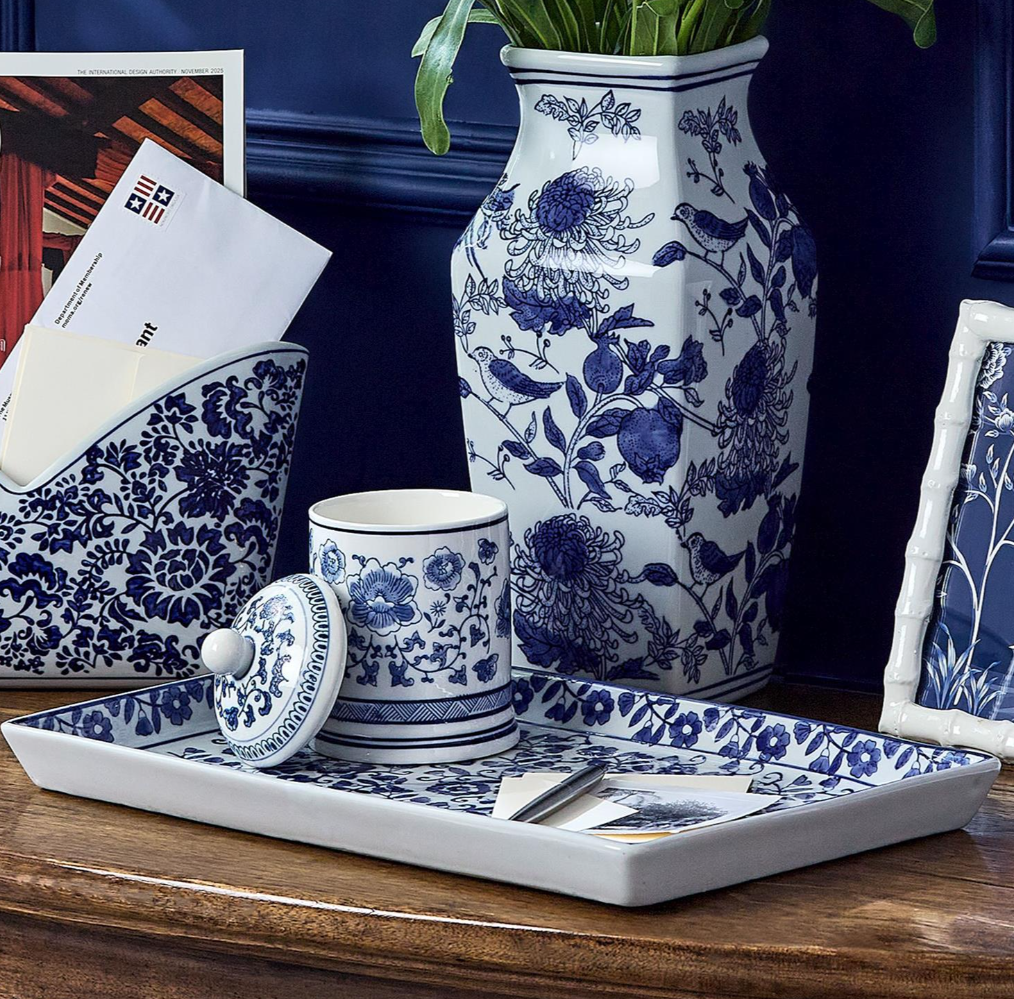 Chinoiserie Hand-Painted Blue and White Floral Tray - Porcelain