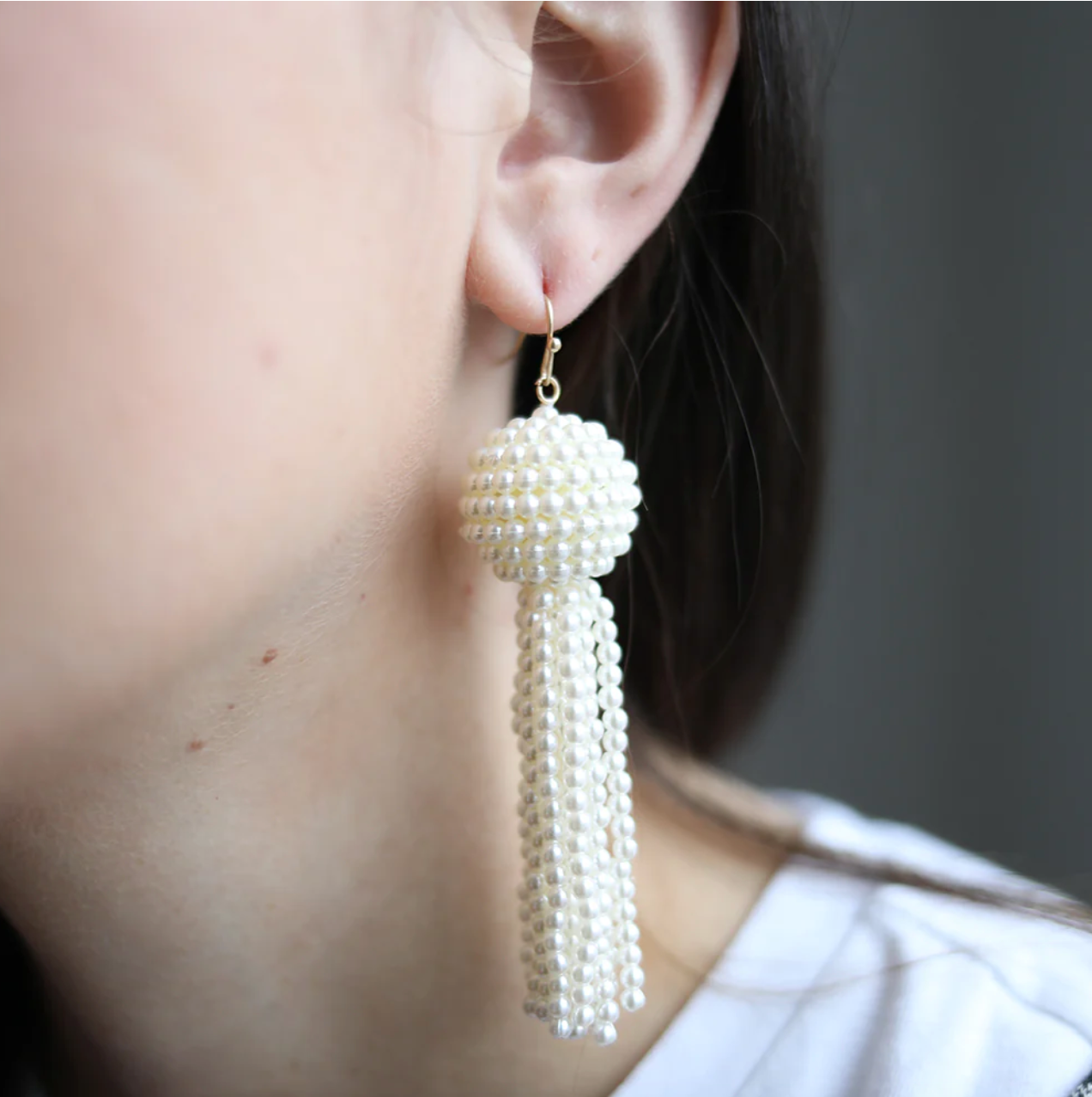 Edie Pearl Beaded Tassel Drop Earrings in Ivory