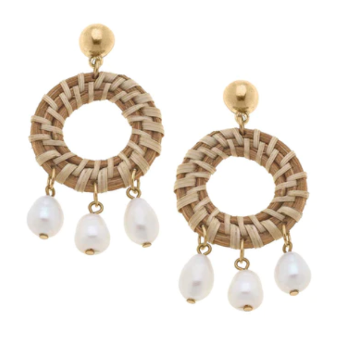 Reyna Wicker & Pearl Drop Hoop Earrings in Natural