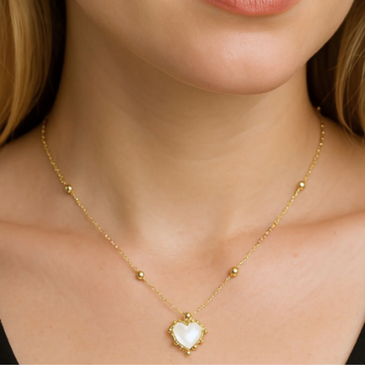 Adorned Heart Drop Necklace in White Enamel