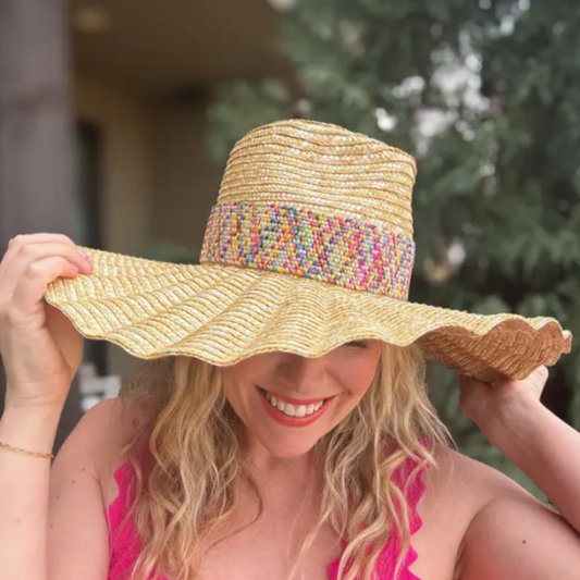 Wide-Brimmed Raffia Hat - Colorful Band