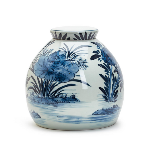 Water Lilly 11" Blue and White Squat Covered Ginger Jar