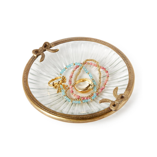 Antique Gold Finish Round Glass Trinket Tray / Dish with Bow Accent