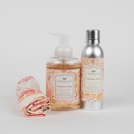 Cashmere Kiss Foaming Hand Soap, Non-Aerosol Room Spray, and Tea Towel Gift Set