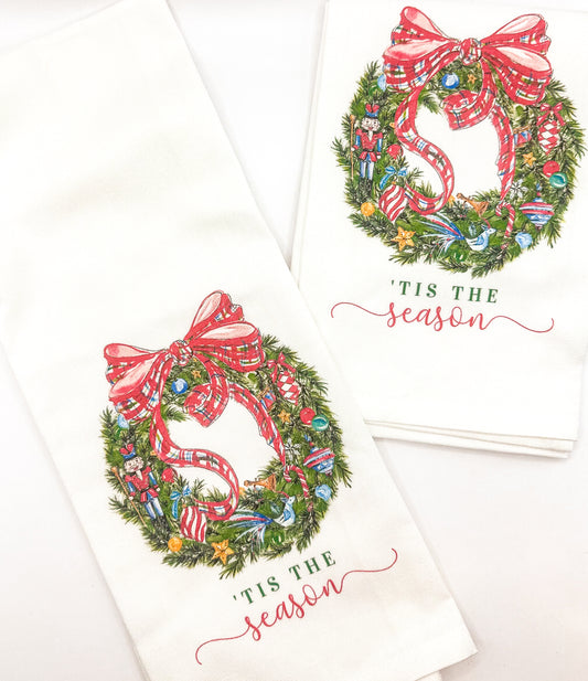 Tis The Season Christmas Wreath Kitchen Towel