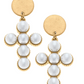 Elisha Pearl Cross Drop Earrings in Worn Gold