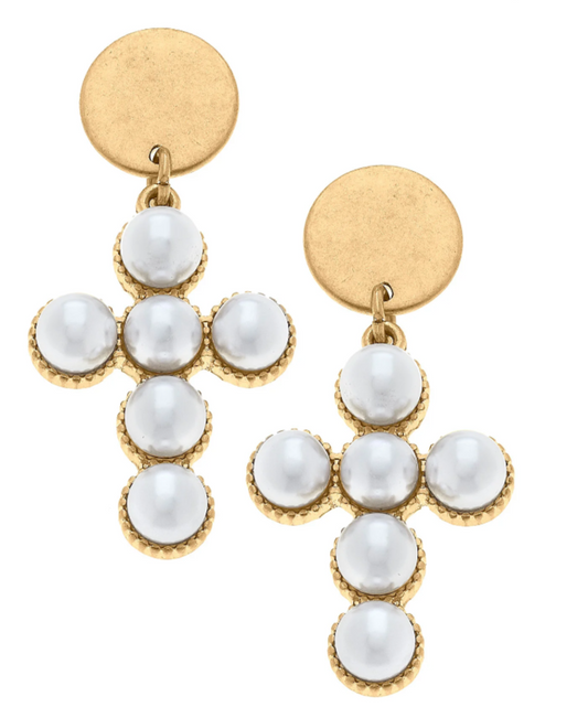 Elisha Pearl Cross Drop Earrings in Worn Gold