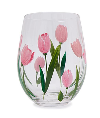 Pink Tulips Hand Painted Stemless Wine Glass