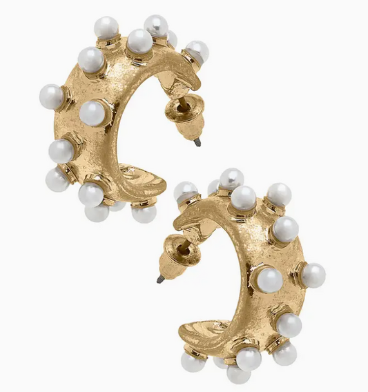 Pearl Studded Hoop Earrings in Worn Gold