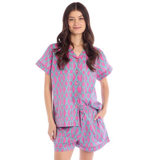Preppy Bamboo Cotton Printed Short Sleeve Shirt and Shorts Pajama Set