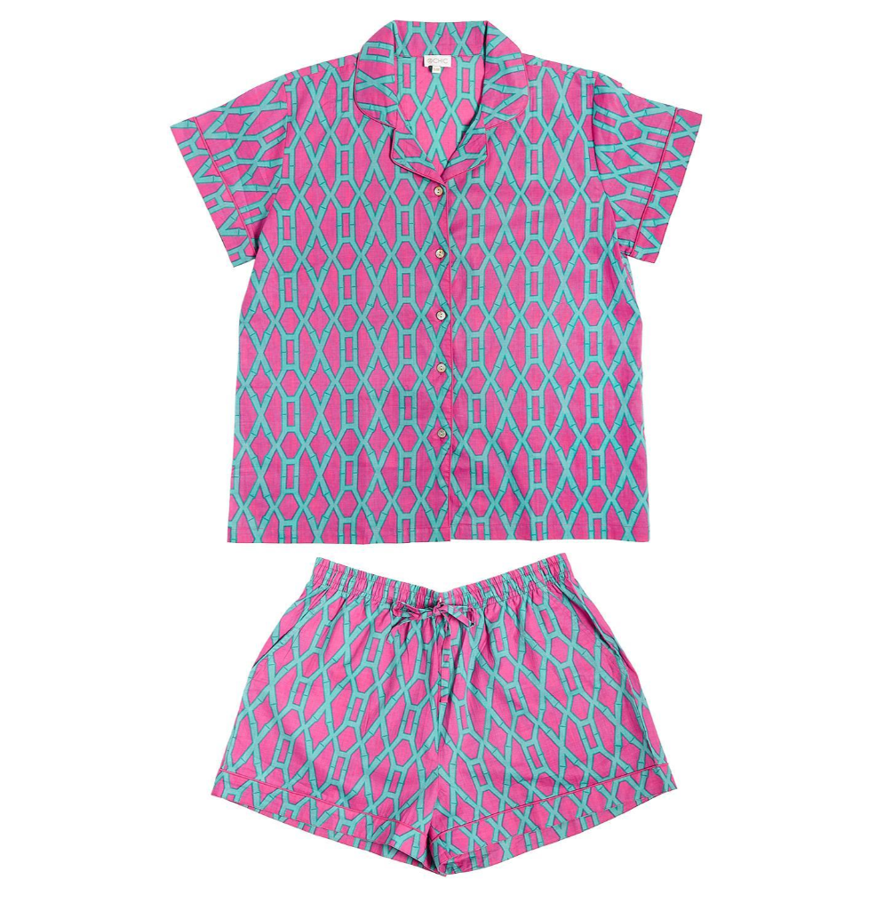 Preppy Bamboo Cotton Printed Short Sleeve Shirt and Shorts Pajama Set