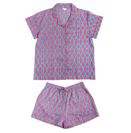Preppy Bamboo Cotton Printed Short Sleeve Shirt and Shorts Pajama Set