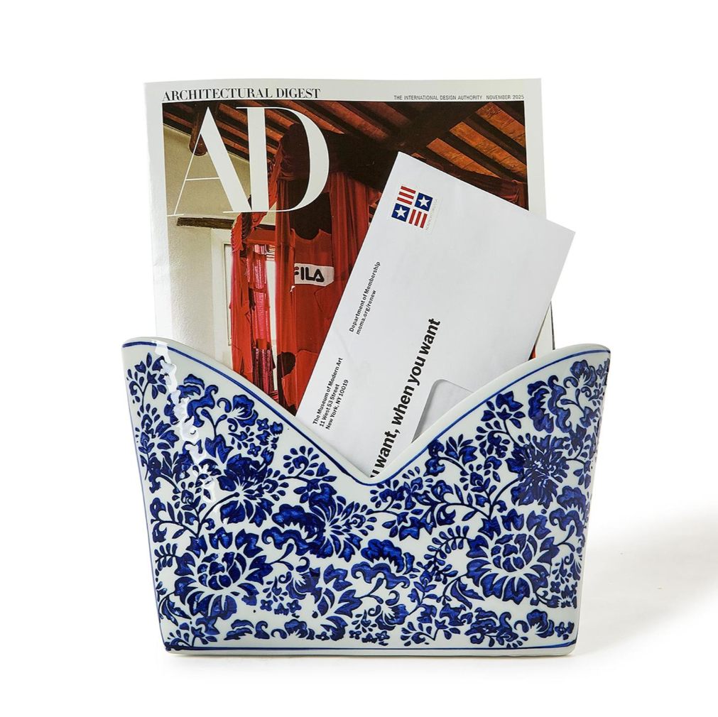 Chinoiserie Hand-Painted Blue and White Floral Letter Holder - Porcelain