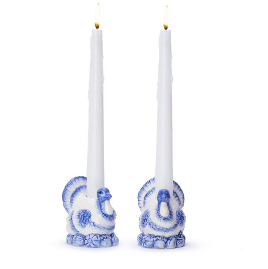 Set of 2 Blue and White Hand-Painted Turkey Candleholders