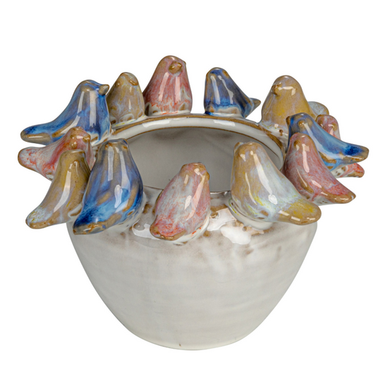 Stoneware Planter w/ 3D Birds on Rim