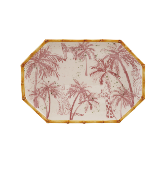 Stoneware Octagon Shaped Platter with Palm Trees, Animals & Bamboo Style Edge