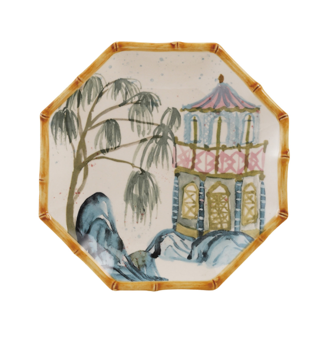 Stoneware Octagon Shaped Plate with House, Palm Tree & Bamboo Style Edge