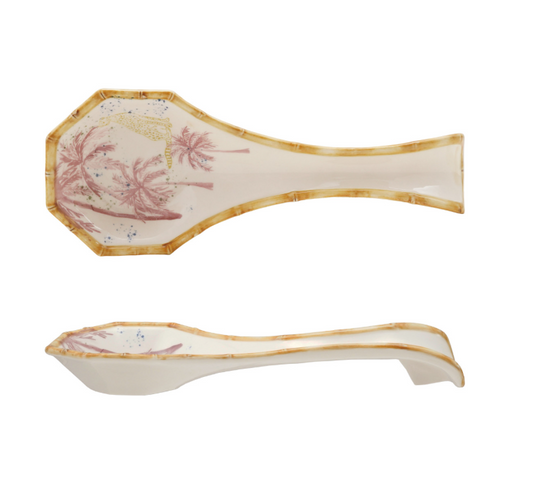 Stoneware Spoon Rest with Palm Trees, Cheetah & Bamboo Style Edge
