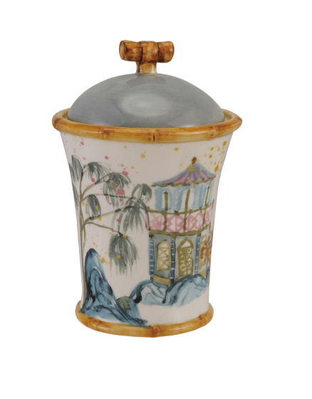 Stoneware Canister with House, Palm Tree & Bamboo Style Edges