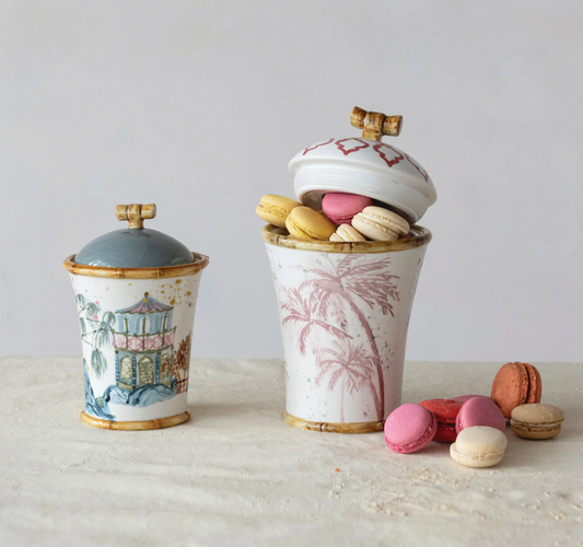 Stoneware Canister with House, Palm Tree & Bamboo Style Edges