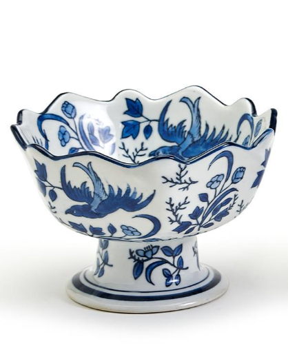 Blue and White Scalloped Edge Hand-Painted Footed Bowl