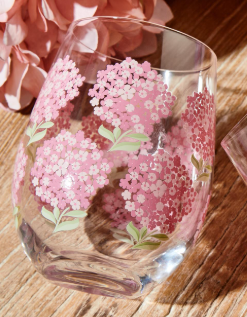 Pink Hydrangea Stemless Wine Glass