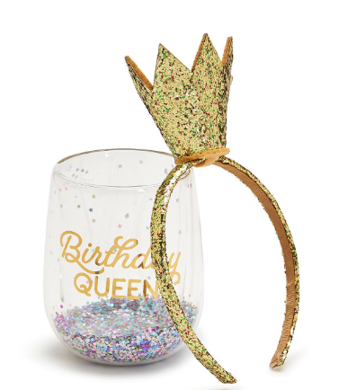 Birthday Queen Double Wall Glitter Stemless Wine Glass and Glitter Crown Headband