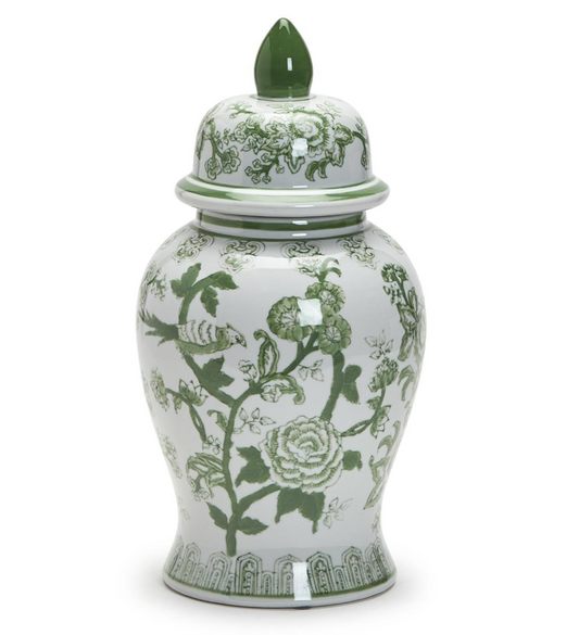 18" Green and White Covered Temple Jar