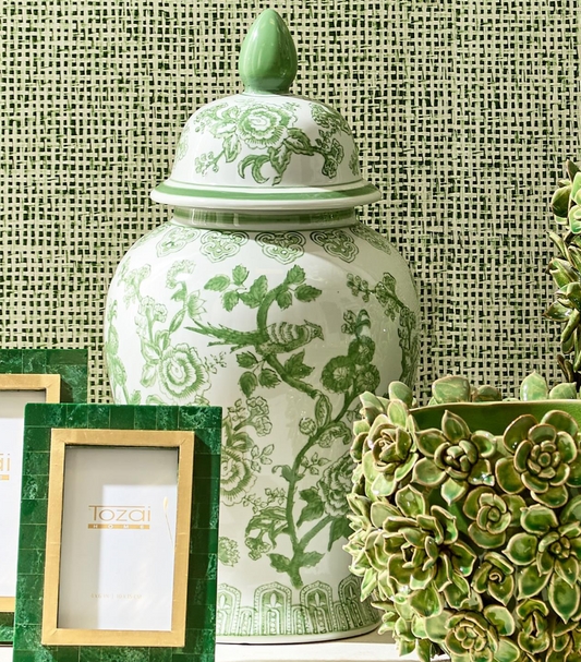 18" Green and White Covered Temple Jar