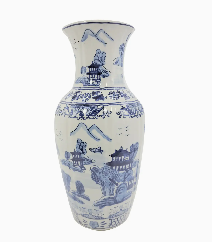 Blue & White Chinoiserie Ceramic Table Vase 18"