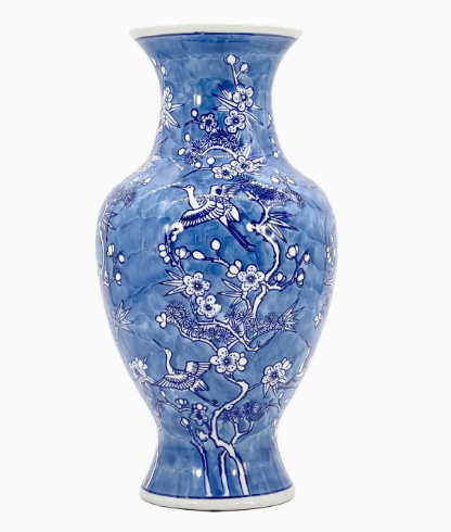 Blue & White Crane & Flowers Chinoiserie Ceramic Vase 14"